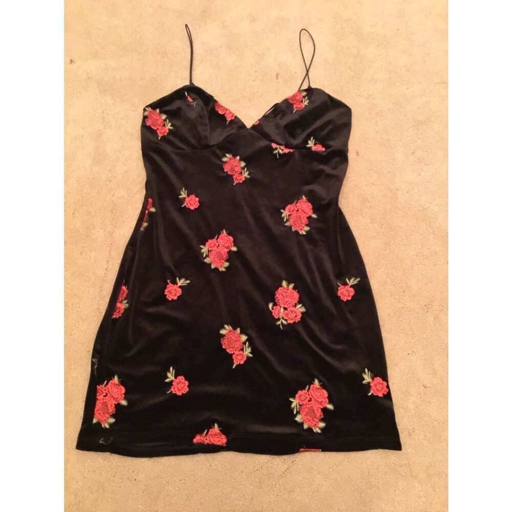 Trixxi Black Velvet Mini Dress with Red Rose